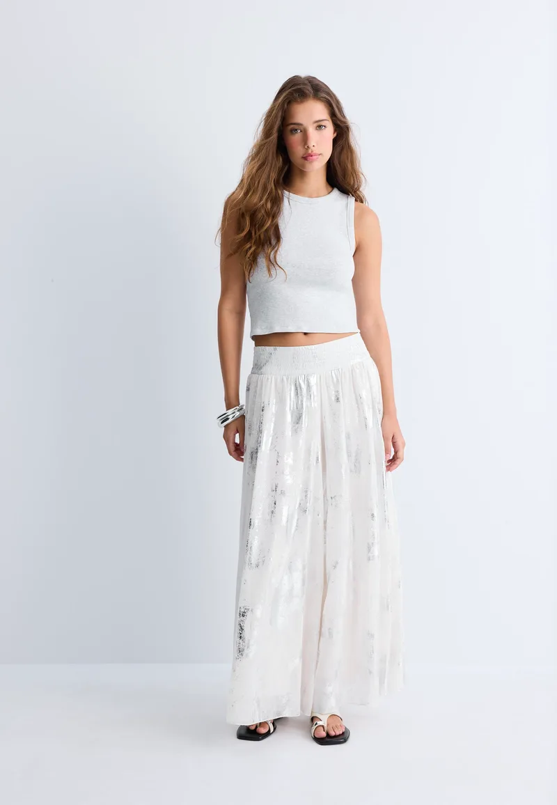 Stradivarius Μεταλλιζέ Παντελόνι Culotte Εκρού L