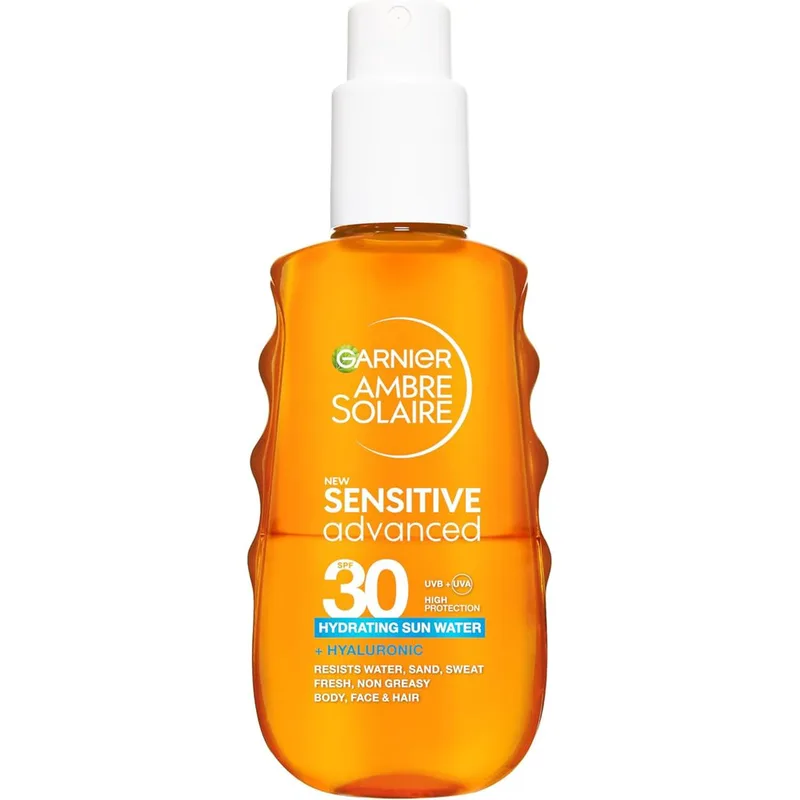 Garnier Ambre Solaire Spf30 Sensitive Advanced Hydrating Sun Water Ενυδατικό Διφασικό Αντηλιακό Νερό Υψηλής Προστασίας για Σώμα, Πρόσωπο & Μαλλιά με Υαλουρονικό Οξύ 150ml