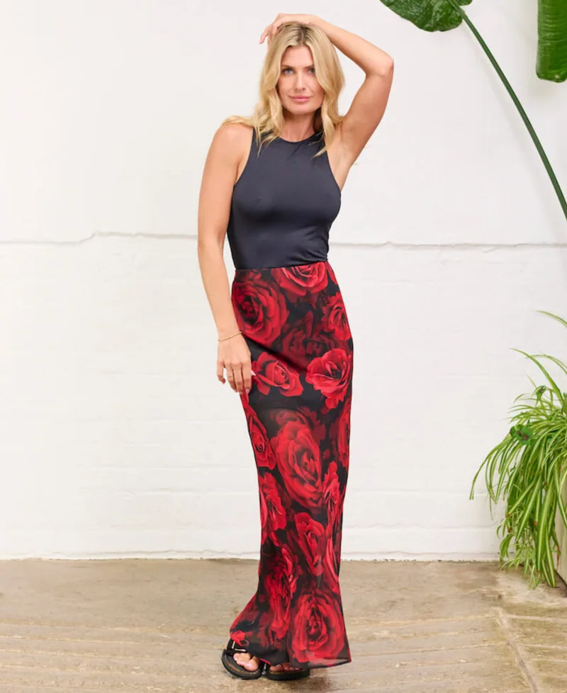 Red Rose Floral Chiffon Maxi Skirt | Clothing Size: 10