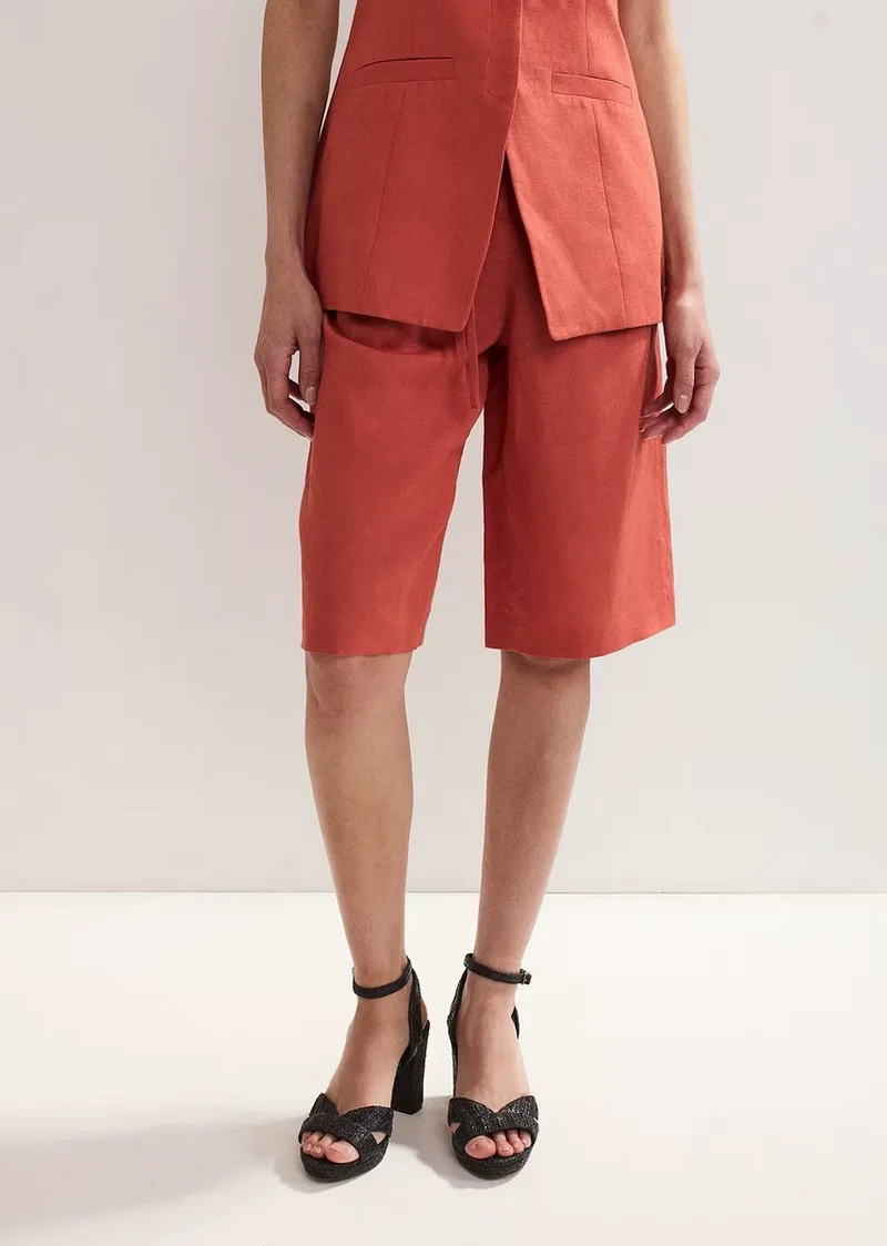 Phase Eight Γυναικεία Λινή Βερμούδα με Ζώνη Regular Fit σε Κεραμιδί