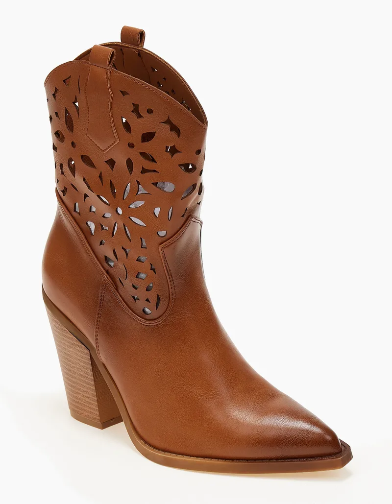 Μποτάκια cowboy με laser cut σχέδιο - Κάμελ