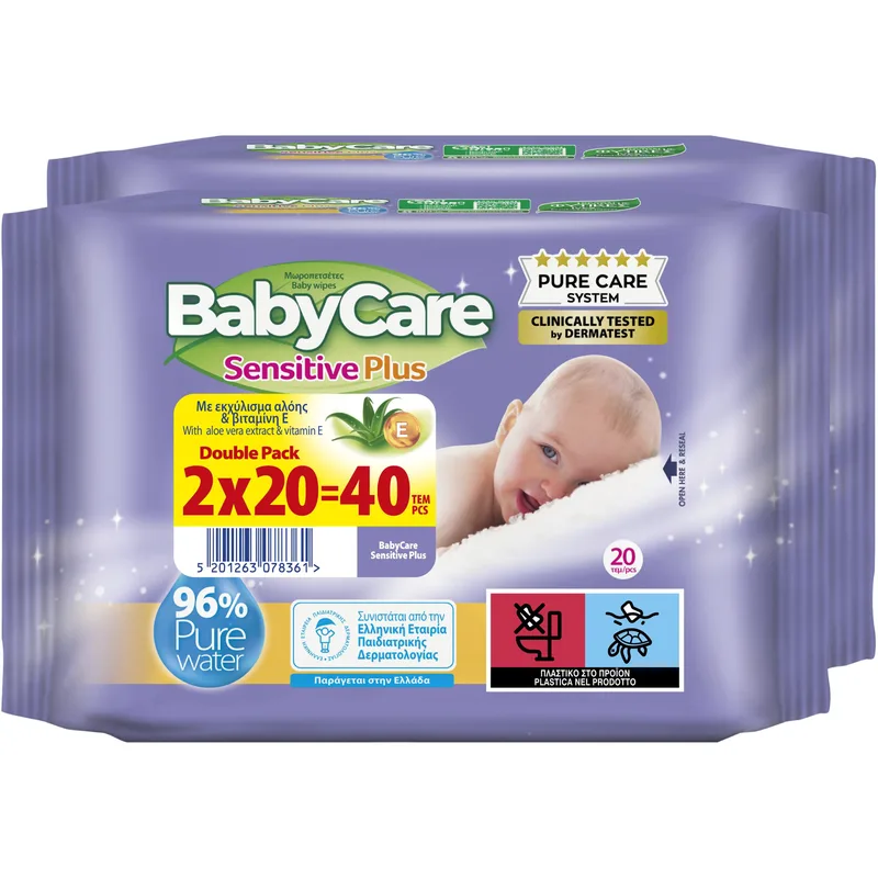 BabyCare Promo Sensitive Plus Pure Water Baby Wipes Μωρομάντηλα με Ίνες Φυτικής Προέλευσης & Εκχύλισμα Αλόης, Ιδανικά για Ευαίσθητο Δέρμα 40 Τεμάχια (2x20 Τεμάχια)