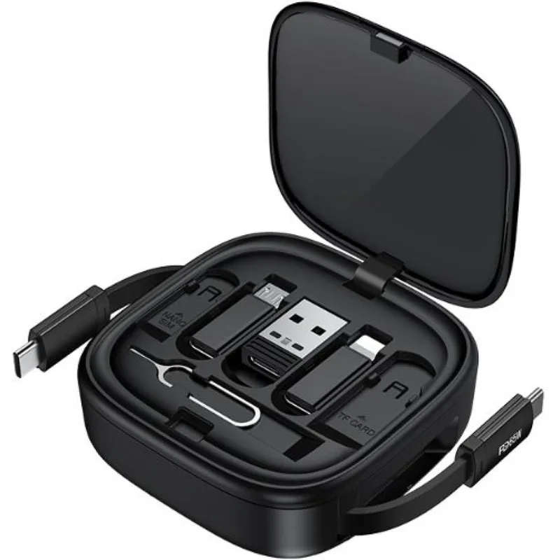 Καλώδιο Type-C Recci Retractable Πτυσσόμενο RS36T 4 in 1 Φόρτισης & Μεταφοράς Δεδομένων με KickStand σε Type-C / Lightning / USB-A / MicroUSB 65W 100cm - Black (6955482531501)