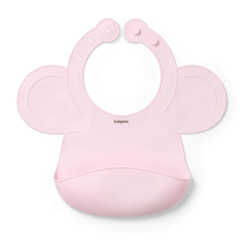 BabyOno: Σαλιάρα σιλικόνης 6m+ με θήκη περισυλλογής τροφίμων-Ροζ