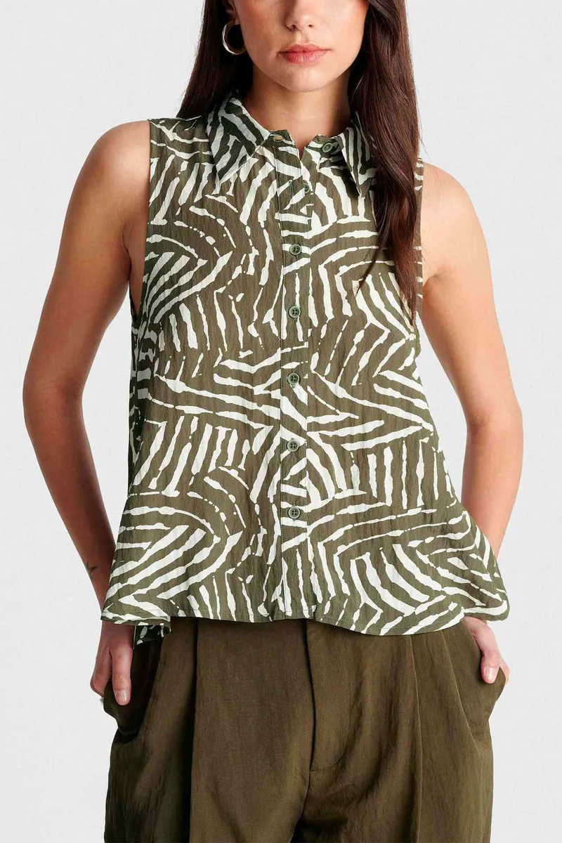 'ALE γυναικείο πουκάμισο αμάνικο με geometrical print - 8923065 Χακί