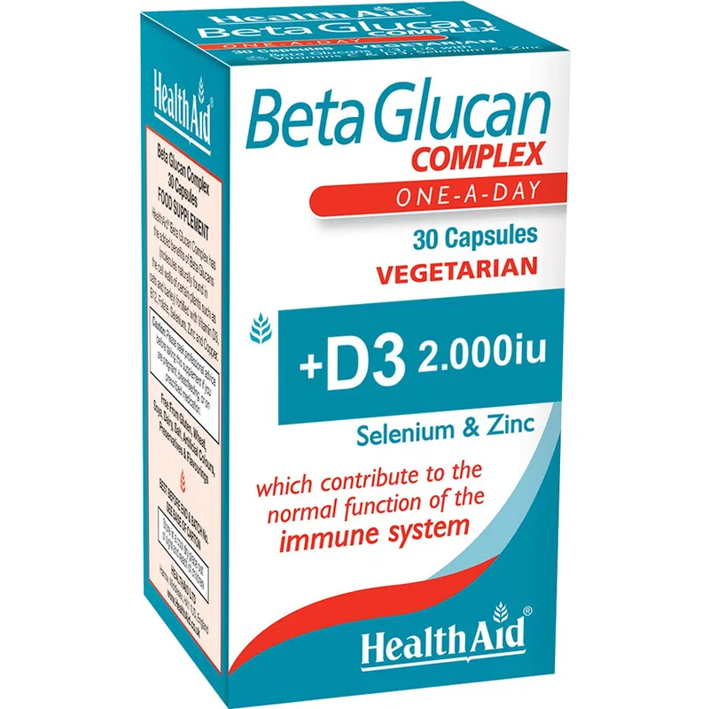 Health Aid Beta Glucan Complex Συμπλήρωμα Διατροφής με B-Γλυκάνες, Βιταμίνες C, D3, B12, Φολικό Οξύ, Σελήνιο & Ψευδάργυρο που Συμβάλλουν στη Φυσιολογική Λειτουργία του Ανοσοποιητικού Συστήματος 30caps