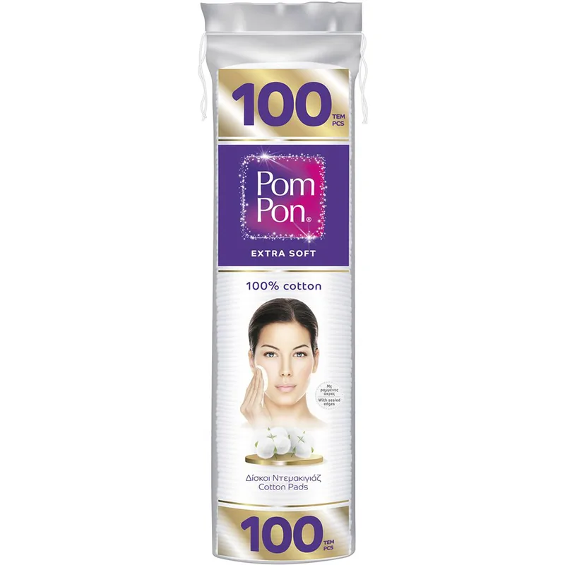 Pom Pon Extra Soft Cotton Pads Στρογγυλοί Δίσκοι Ντεμακιγιάζ από Βαμβάκι Υψηλής Ποιότητας Μεγάλου Μεγέθους 100 Τεμάχια