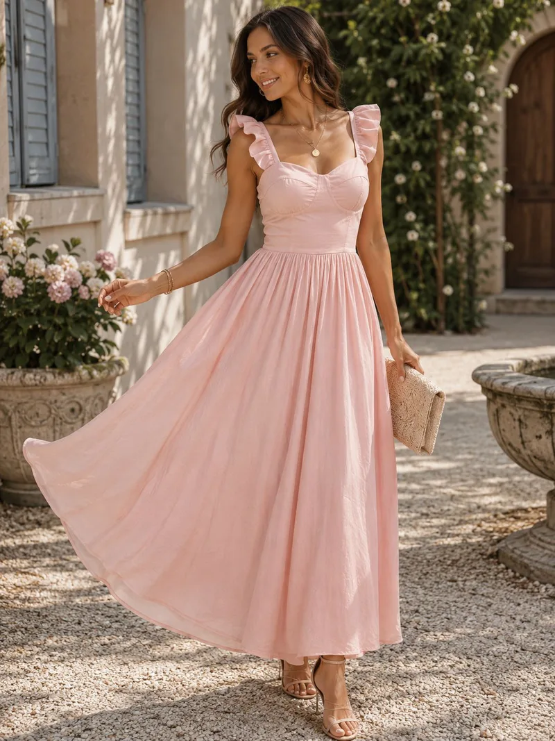 Ρομαντικό Maxi Φόρεμα με Βολάν Τιράντες - Ροζ | Dress Up Ροζ