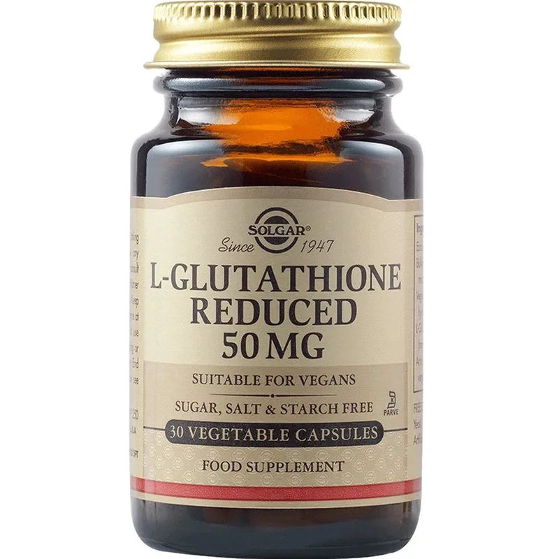 Solgar L-Glutathione 50mg Συμπλήρωμα Διατροφής Αμινοξέος Γλουταθειόνης για Αποτοξίνωση του Ήπατος με Ισχυρές Αντιοξειδωτικές Ιδιότητες 30veg.caps