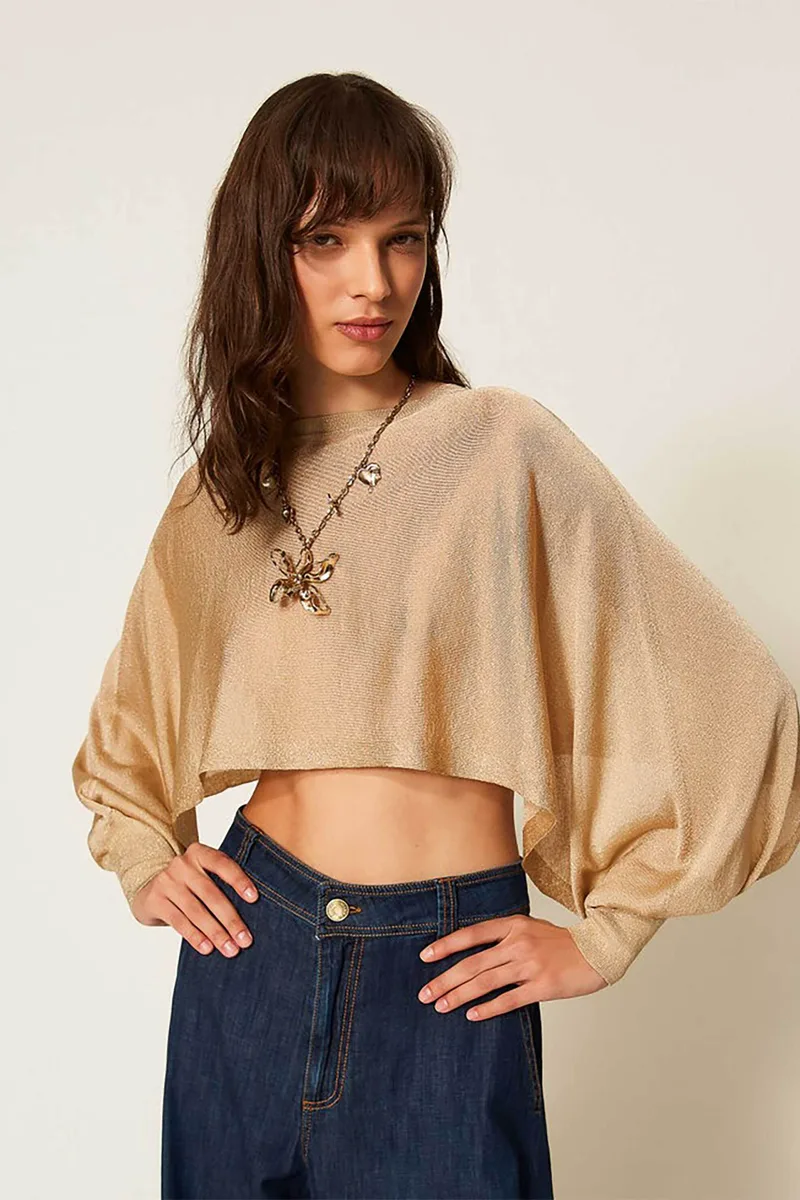 Twinset γυναικεία cropped μπλούζα πλεκτή lurex - 261TP3124 Χρυσό