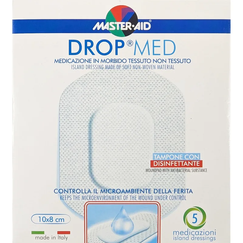Master Aid Drop Med Woundpad with Antibacterial Substance 10x8cm Αυτοκόλλητες, Αντικολλητικές Γάζες Εμποτισμένες με Απολυμαντικό 5 Τεμάχια