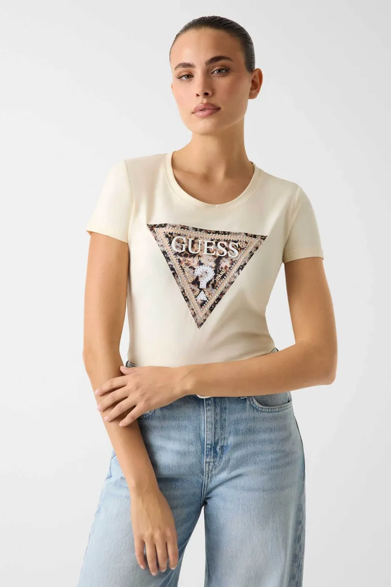 Guess γυναικείο T-shirt και ανάγλυφο λογότυπο με στρας Slim Fit - W6RI32J1314 Μπεζ