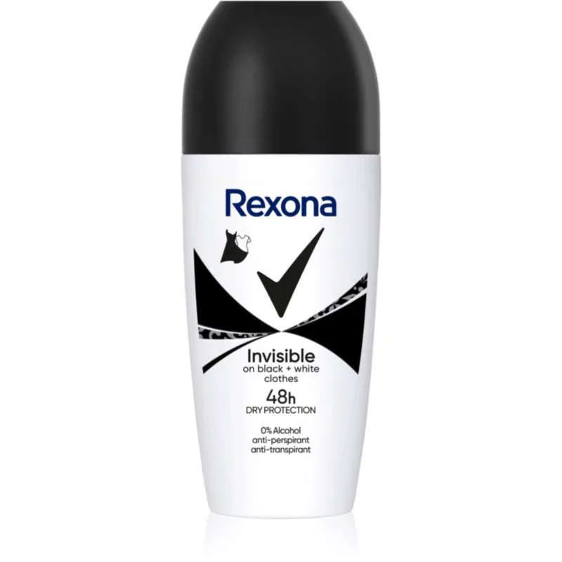 Rexona Invisible Black and White Roll-On Αποσμητικό roll-on για την αντιμετώπιση των λευκών και κίτρινων κηλίδων 50 ml