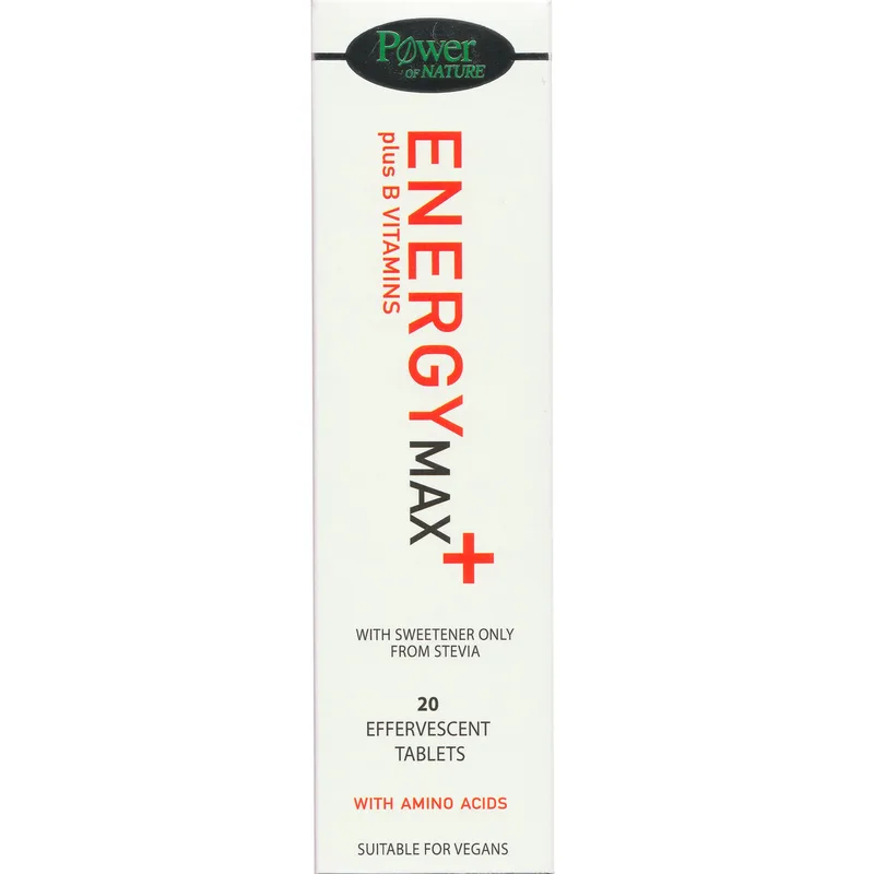 Power Health Energy Max Plus Vitamins B with Amino Acids Συμπλήρωμα Διατροφής Εκχυλίσματος Γκουαρανά, Βιταμινών Β & Αμινοξέων Ειδικής Φόρμουλας με Καφεΐνη για Ενέργεια Κατά της Κούρασης & Κόπωσης με Γεύση Tutti Frutti 20 Effer.tabs