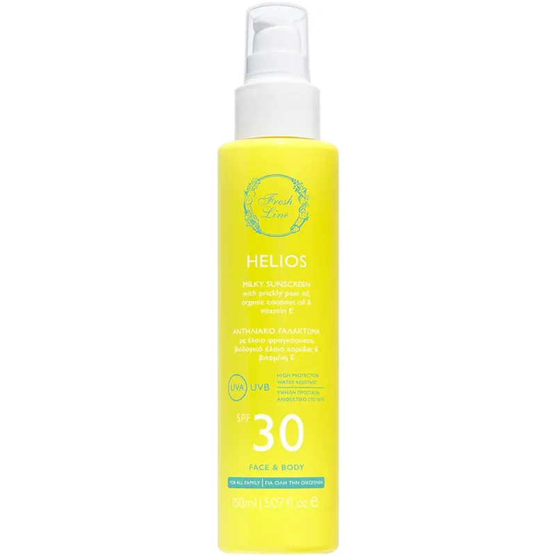 Fresh Line Helios Face & Body Spf30 Milky Sunscreen Spray Αντηλιακό Γαλάκτωμα σε Μορφή Σπρέι Υψηλής Προστασίας για Πρόσωπο & Σώμα με Έλαιο Φραγκόσυκου, Καρύδας & Βιταμίνη Ε 150ml
