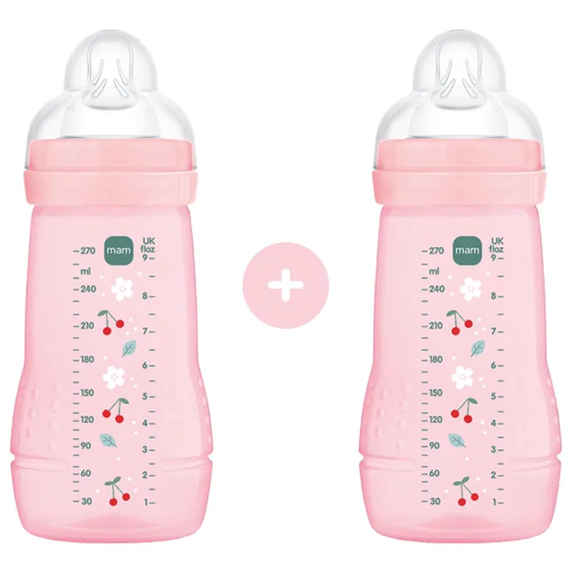 Mam Promo Easy Active Baby Bottle 2m+, Κωδ 363SBc 270ml Μπιμπερό Πολυπροπυλενίου με Θηλή Σιλικόνης Μεσαίας Ροής 2 Τεμάχια - Ροζ