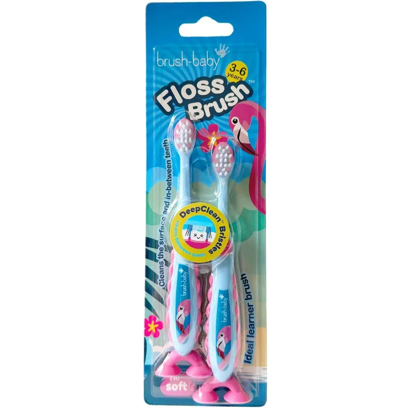 Brush-Baby Floss Brush Kids Toothbrush 3-6 Years Παιδική Οδοντόβουρτσα για Παιδιά από 3-6 Ετών 2 Τεμάχια - Φλαμίνγκο