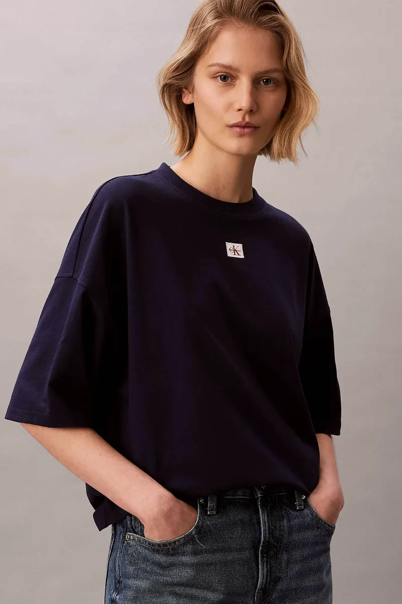 Calvin Klein Jeans γυναικείο T-shirt μονόχρωμο με λογότυπο Oversized Fit - LV047D204G Μπλε Σκούρο