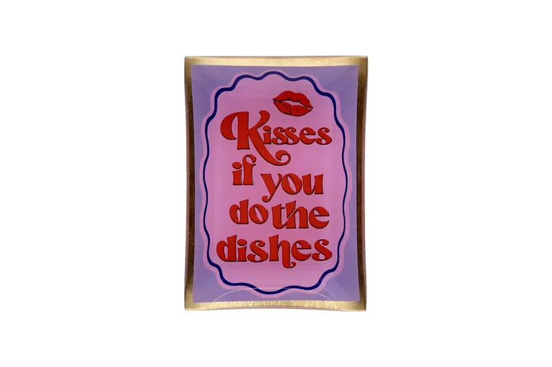 Love Plates, glass plate M, motive: kisses if you do the dishes, pink/purple