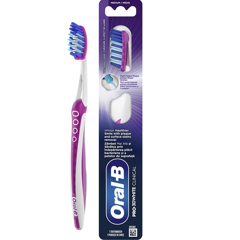 Oral-B Pro 3D White Clinical Medium Toothbrush Χειροκίνητη Οδοντόβουρτσα με Μεσαίας Σκληρότητας Ίνες για Αφαίρεση της Πλάκας & των Επίμονων Λεκέδων 1 Τεμάχιο - Ροζ