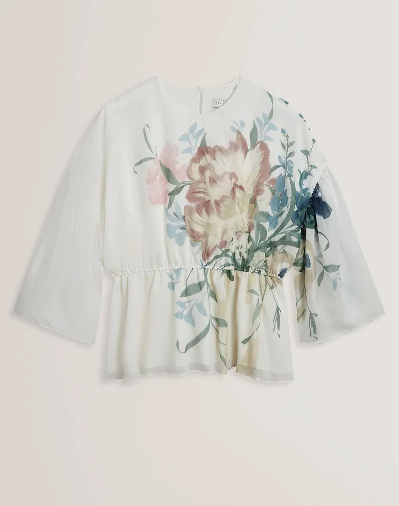 TED BAKER AHLANZA Printed Puff Sleeve Peplum Top 283550-IVORY Ivory