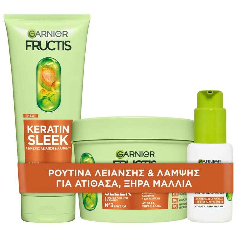 Garnier Promo Fructis Keratin Sleek Shampoo 200ml & Sleek & Stay Serum 50ml & Keratin Sleek Mask 370ml