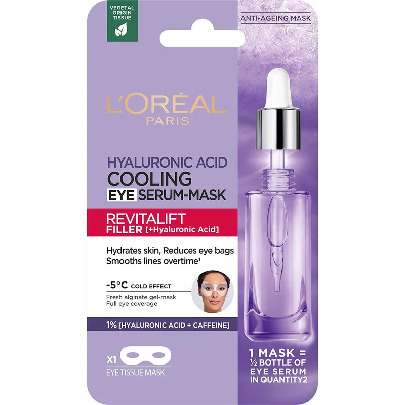 L'Oreal Paris Revitalift Filler Hyaluronic Acid Cooling Eye Serum Mask Υφασμάτινη Μάσκα Ματιών με Υαλουρονικό Οξύ & Καφεΐνη για Ενυδάτωση - Σύσφιξη της Επιδερμίδας 11g