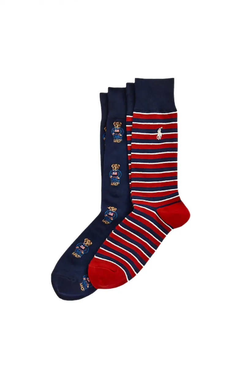 RALPH LAUREN ΚΑΛΤΣΕΣ 2PAIRS LOGO BEAR ΜΠΛΕ-ΚΟΚΚΙΝΟ