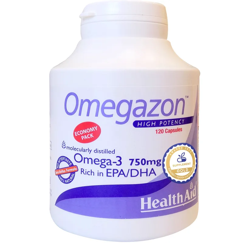 Health Aid Omegazon Omega-3 750mg Συμπλήρωμα Διατροφής Συμπυκνωμένου Ιχθυελαίου Πλούσιο σε Ωμέγα 3 & Βιταμίνη Ε για την Καλή Λειτουργία του Καρδιαγγειακού Συστήματος, Ομαλή Αρτηριακή Πίεση & Καλή Όραση Χωρίς Επίγευση Ψαριού 120caps