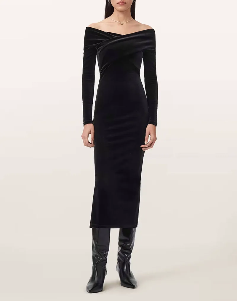 ALL SAINTS DELTA VELVET DRESS W037DZ-BLACK Black