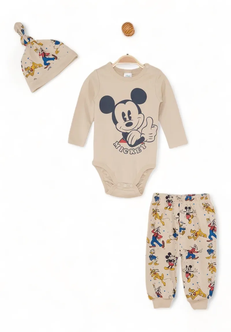 Βρεφικό Σετάκι Cimpa με μακρύ μανίκι Disney Mickey allover μπέζ 3τμχ MC21456-Μπεζ