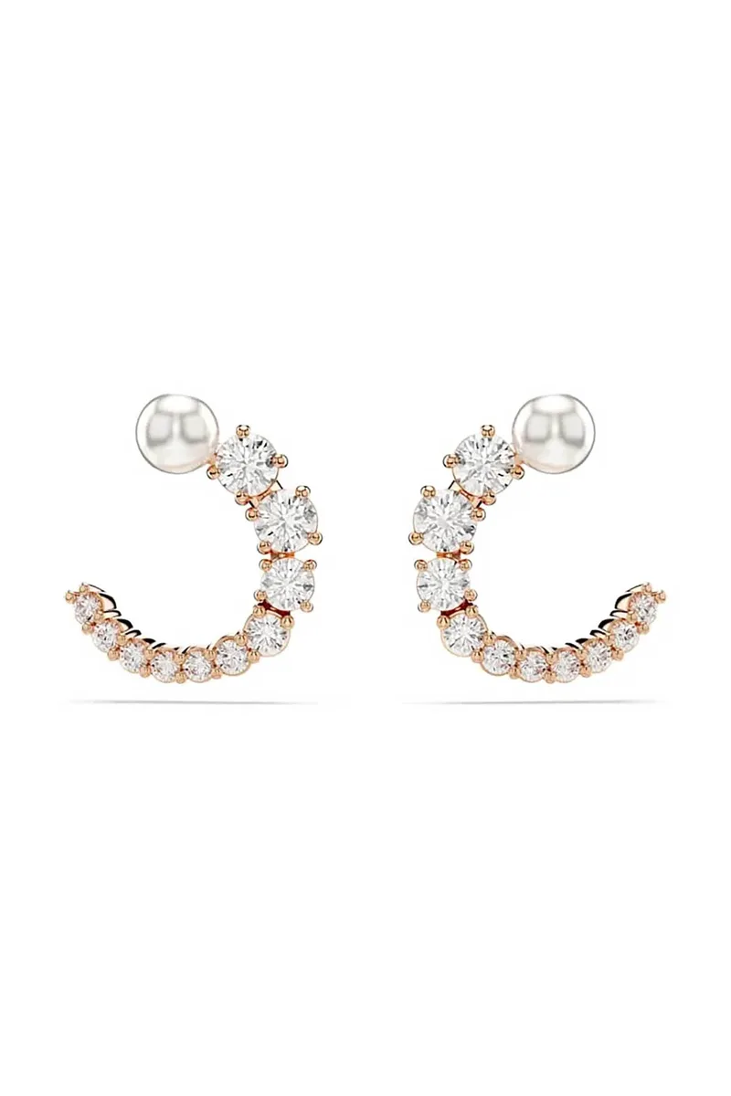 Swarovski γυναικείοι κρίκοι, crystal pearl, στρογγυλή κοπή, λευκά, επιμετάλλωση σε ροζ χρυσαφί τόνο "Matrix" - 5692264