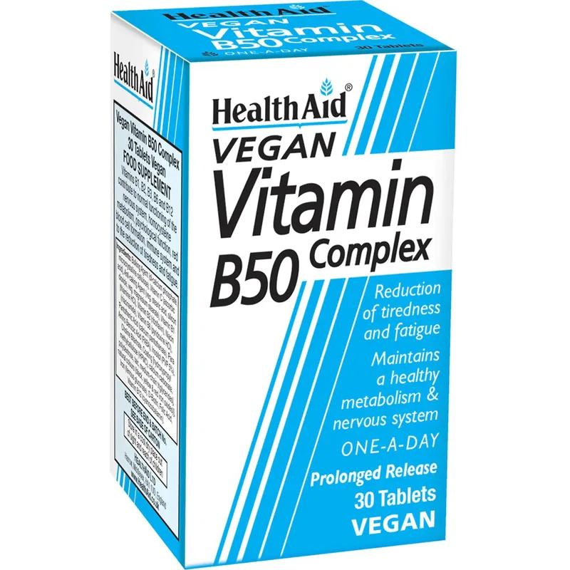 Health Aid Vegan Vitamin B50 Complex Συμπλήρωμα Διατροφής Συμπλέγματος Βιταμινών Β σε Ταμπλέτες Βραδείας Αποδέσμευσης για τη Φυσιολογική Λειτουργία του Νευρικού Συστήματος, Ενέργεια Κατά της Κόπωσης & Υγιή Μαλλιά Νύχια & Δέρμα 30tabs