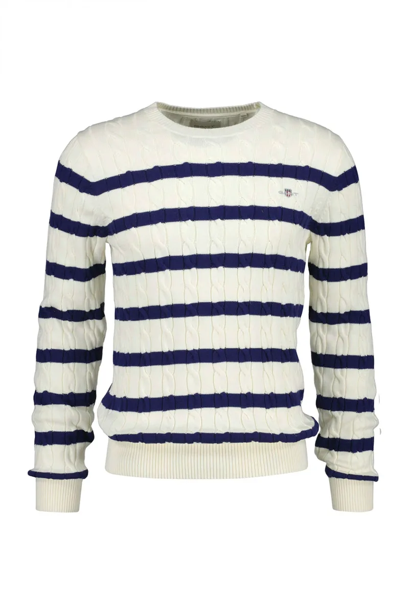 GANT ΠΛΕΚΤΟ ΡΙΓΕ STRIPED COTTON CABLE C-NECK ΚΡΕΜ-ΜΠΛΕ