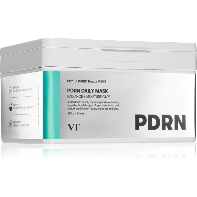 VT Cosmetics PDRN Daily Mask υφασμάτινη μάσκα ενυδάτωσης για λαμπρότητα και λείανση επιδερμίδας μεγάλη συσκευασία 30 τμχ