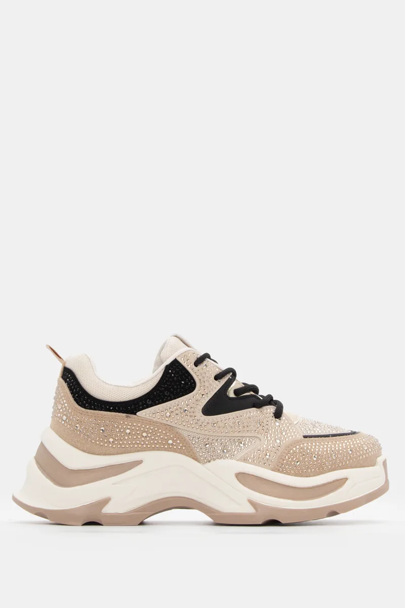 Sneakers με Διακοσμητικά Strass - Μπεζ-Σκούρο