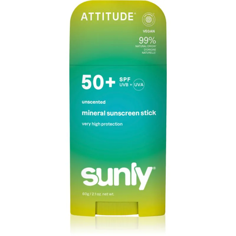 Attitude Sunly Mineral Sunscreen Stick SPF 50+ μεταλλική προστατευτική κρέμα γιαι πρόσωπο και σώμα σε στικ χωρίς άρωμα 60 γρ