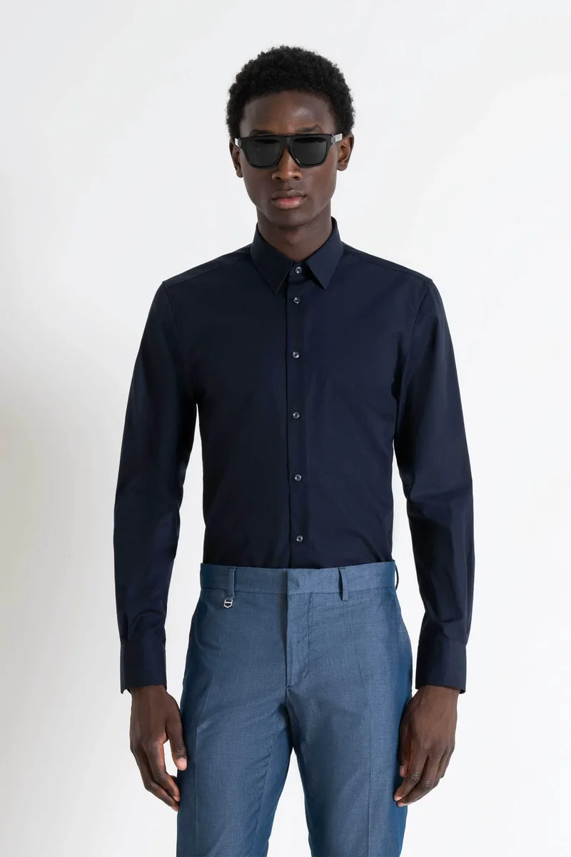 Antony Morato ανδρικό πουκάμισο μονόχρωμο Slim Fit "Νapoli" - SL00628FA400078 Μπλε Σκούρο