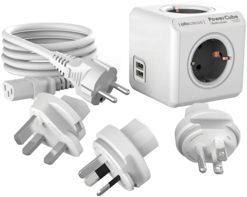 Allocacoc PowerCube Rewirable USB - Πολύπριζο με 4 Υποδοχές Type-F 2500W / 2 x USB-A 10.5W / 3 x Βύσματα US / UK / AU & 1 x Καλώδιο IEC EU 100cm - Trolley Grey - 2 Έτη Εγγύηση (1811GY/DERU3P)