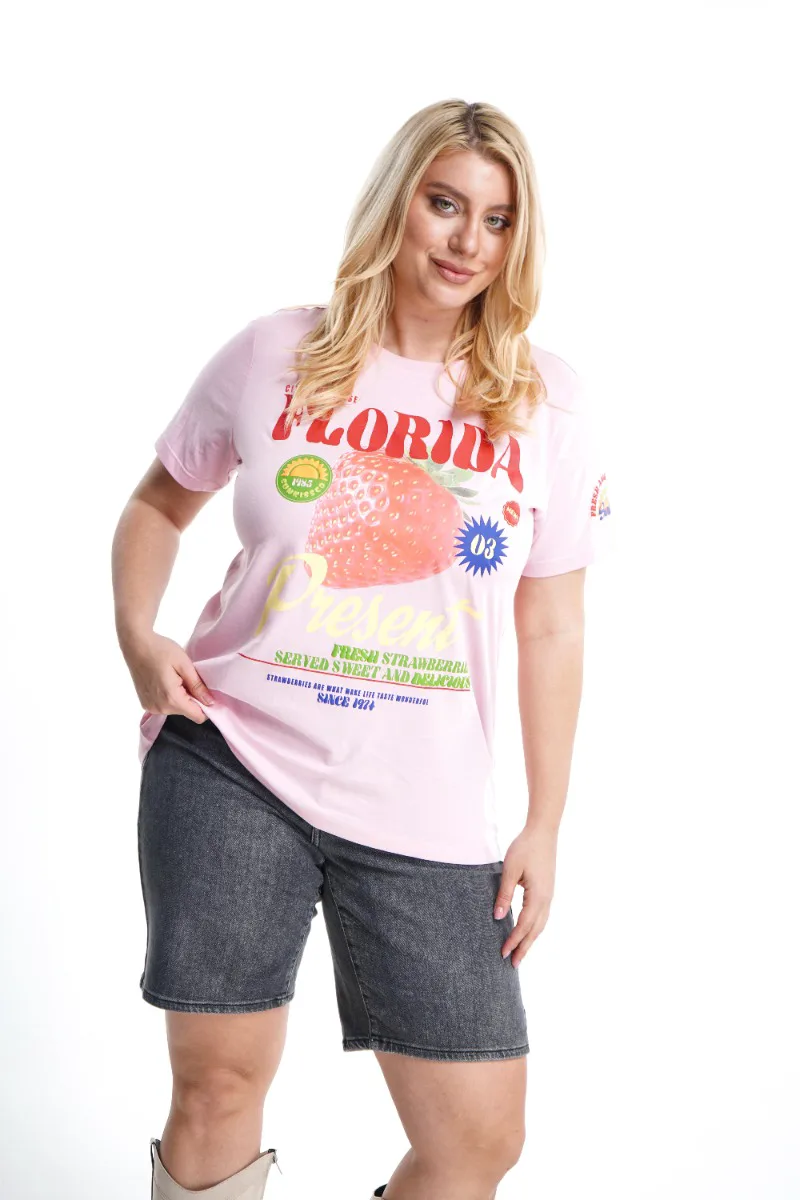 T-shirt plus size με τύπωμα "FLORIDA" strawberry σε ροζ χρώμα