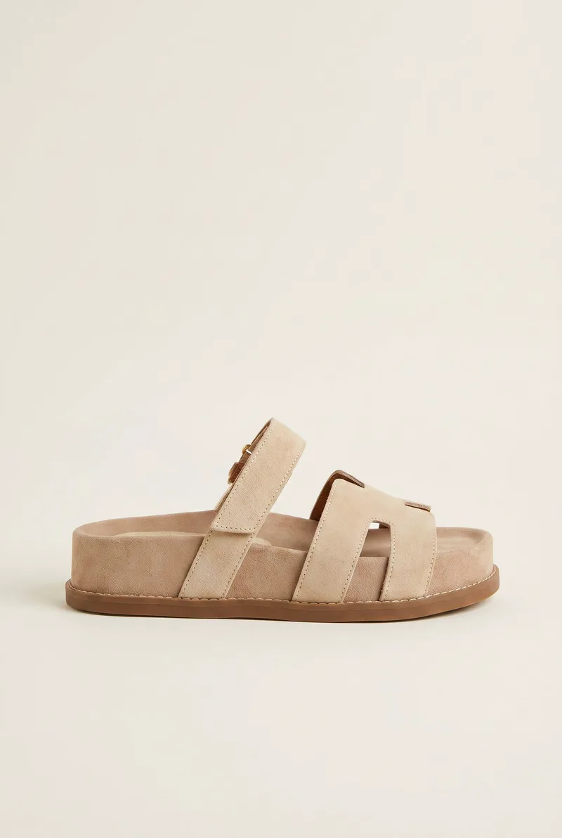 IRIS Flatform Sandals Velcro Strap - ELI 101-FUSBET 6671 - Μπεζ Suede
