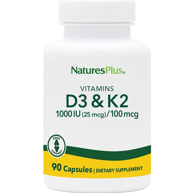 Natures Plus Vitamin D3 1000IU & K2100μg Συμπλήρωμα Διατροφής Βιταμίνης D3 & K2 για την Καλή Υγεία των Οστών, Δοντιών & Ενίσχυση του Ανοσοποιητικού 90caps