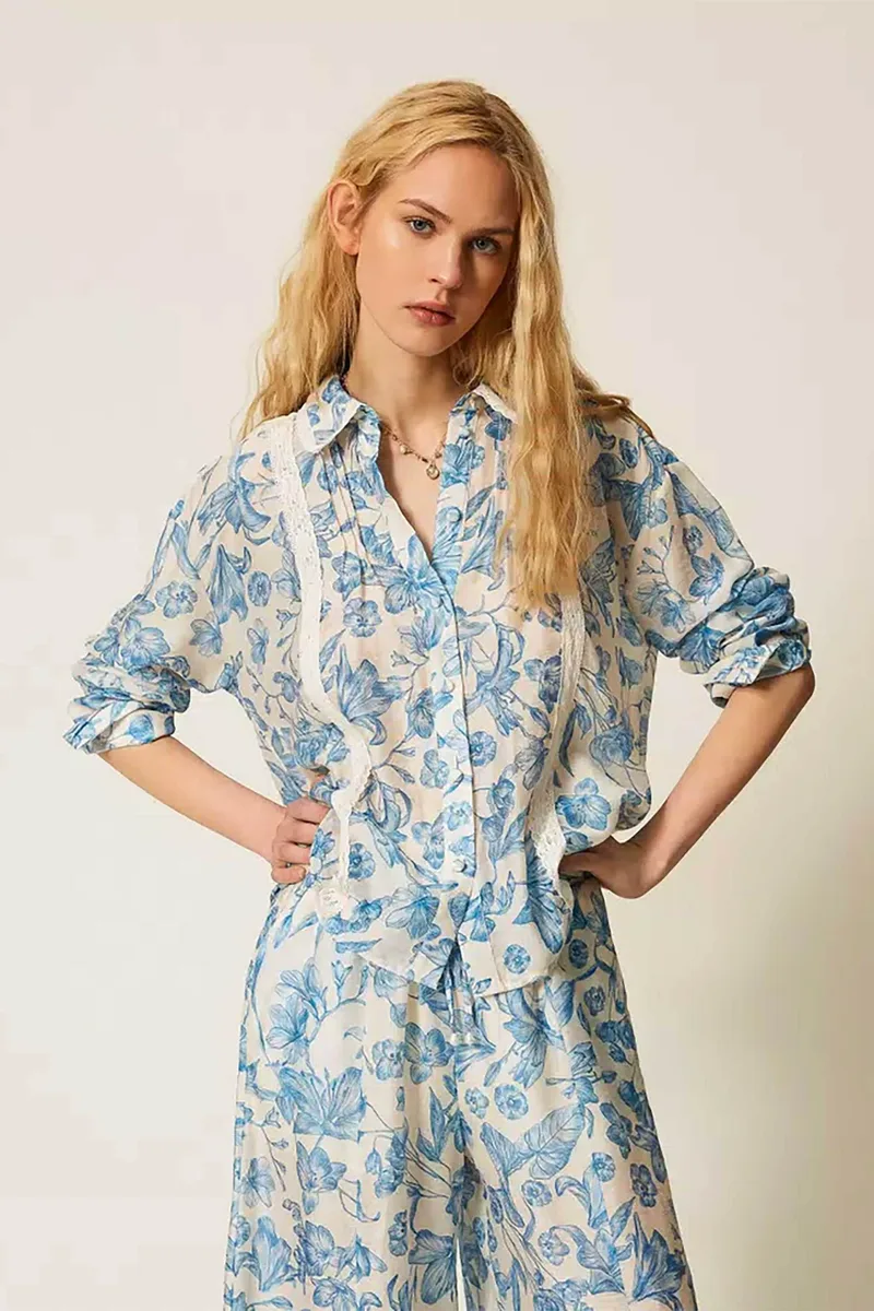 Twinset γυναικείο πουκάμισο με δαντέλα και floral print - 261LM2SAA Μπλε