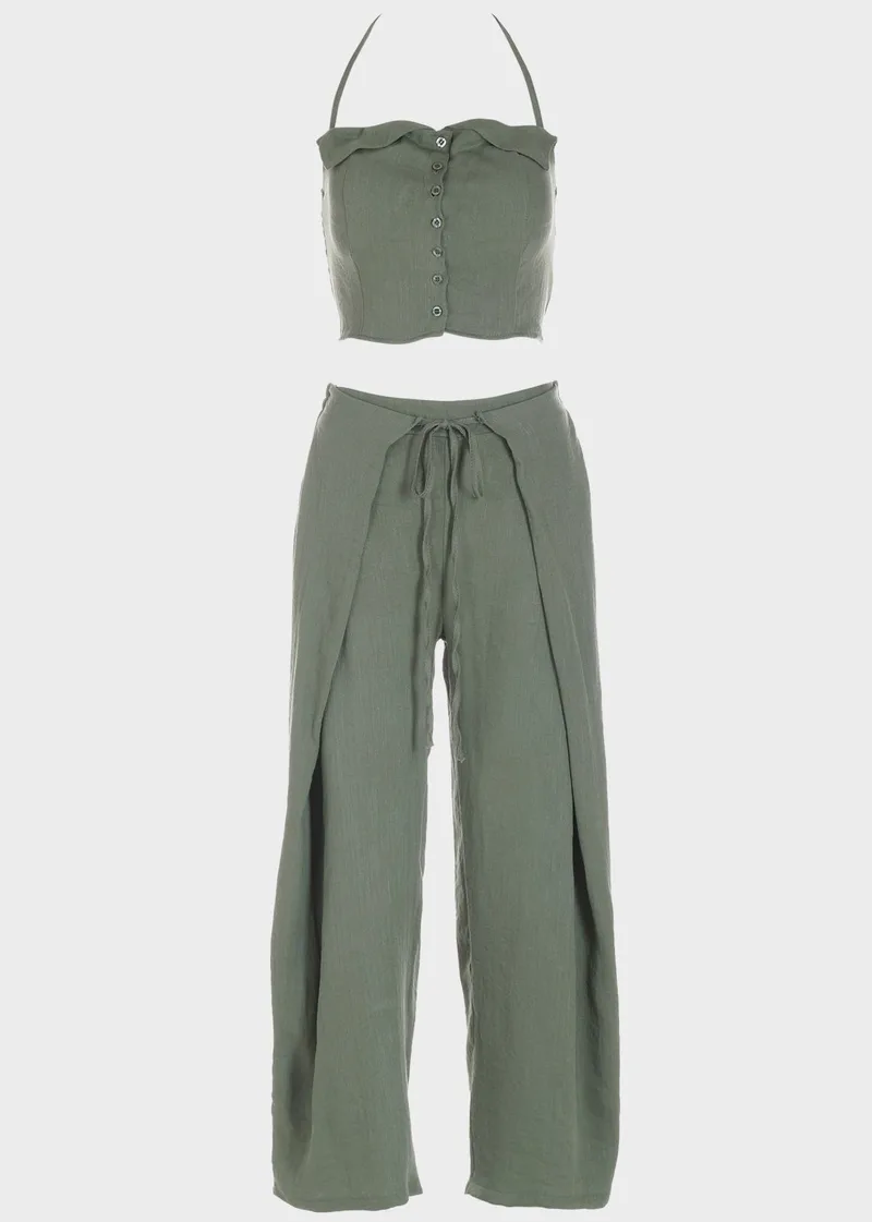 Γυναικείο σετ crop top με κουμπιά και παντελόνα ΧΑΚΙ