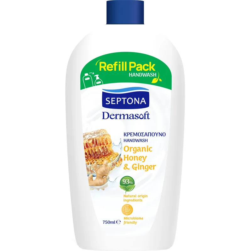Septona Dermasoft Handwash with Organic Honey & Ginger Κρεμοσάπουνο με Οργανικό Εκχύλισμα Μελιού & Τζίντζερ 750ml Refill