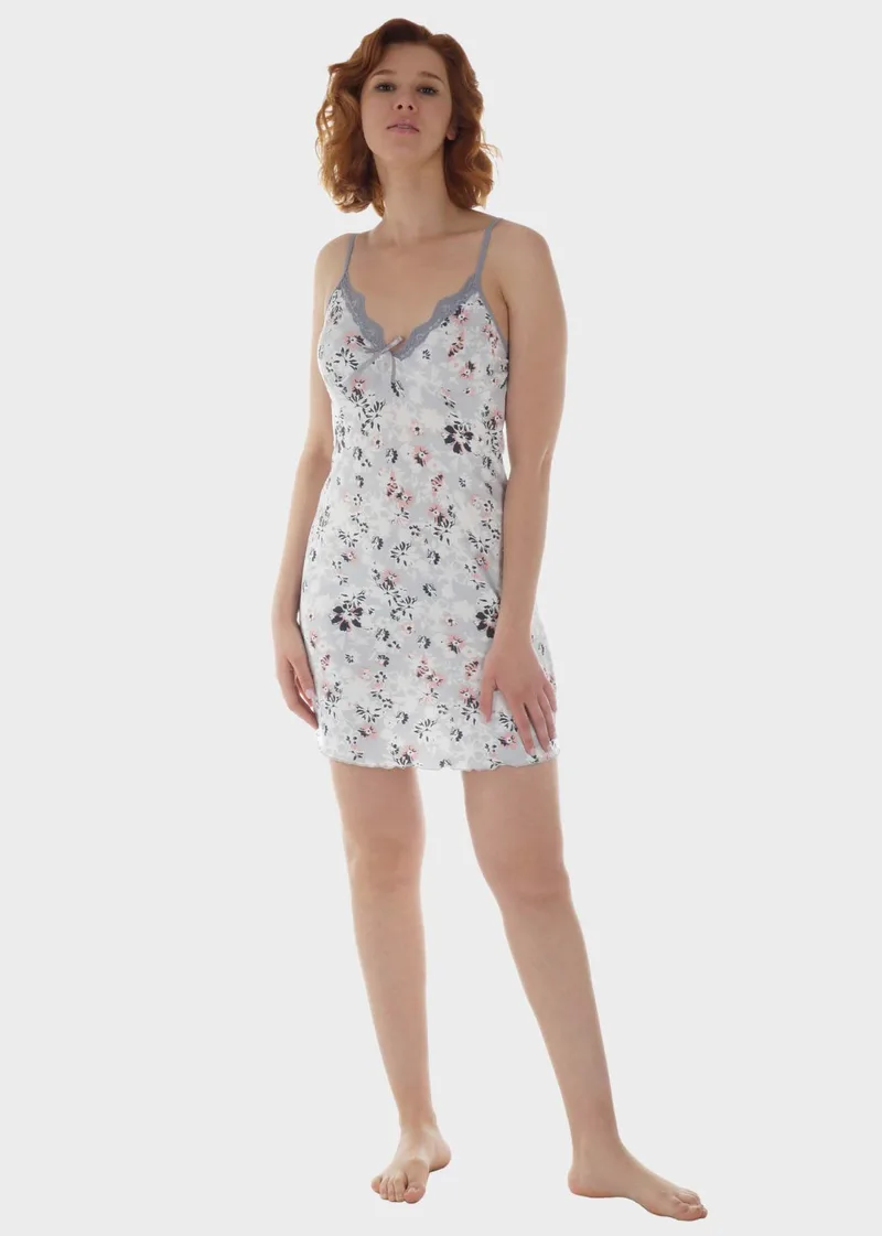 Γυναικείο νυχτικό all print floral λεπτομέρειες δαντέλας ΓΚΡΙ