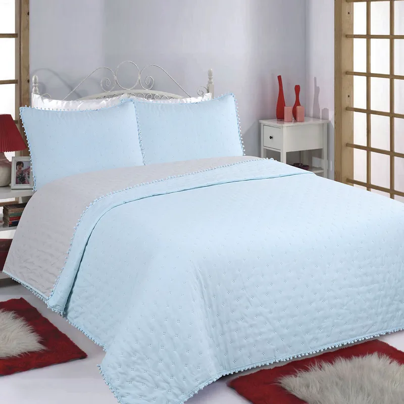 Κουβερλί Υπέρδιπλο (Σετ 220x240) 2 Όψεων Silk Fashion Pon Pon Sky Blue-Grey