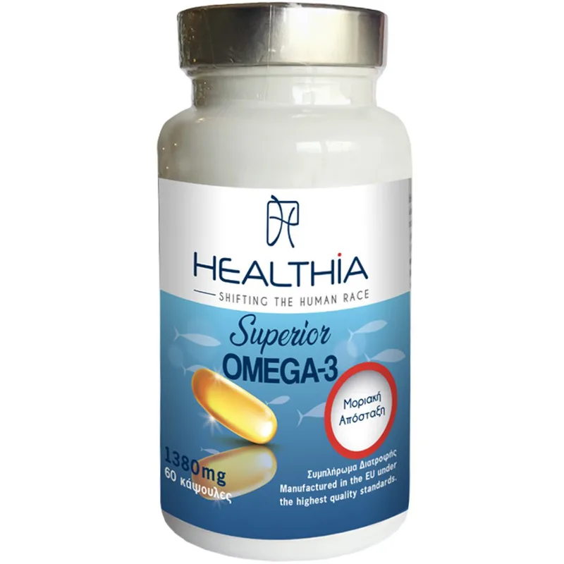 Healthia Superior Omega 3 1380mg Συμπλήρωμα Διατροφής Ιχθυελαίου Πλούσιο σε Ω3 & Βιταμίνη Ε για την Υποστήριξη της Καλής Λειτουργίας του Εγκεφάλου, της Όρασης & της Καρδιάς 60caps