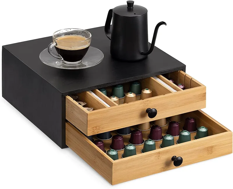 Navaris Bamboo Coffee Pod Holder with Drawer - Κουτί Αποθήκευσης με 2 Συρτάρια για Κάψουλες Καφέ / Βάση για Καφετιέρα από Μπαμπού - Brown / Black (58292.01)