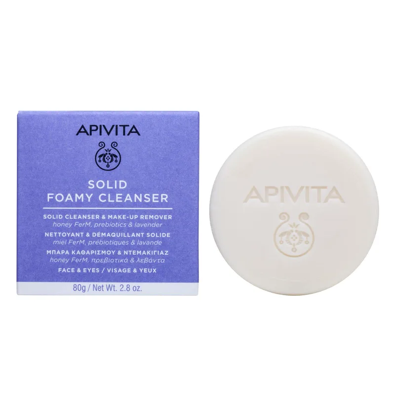 Apivita Solid Foam Cleanser & Make-Up Remover Μπάρα Καθαρισμού & Ντεμακιγιάζ για Πρόσωπο & Μάτια με Ζυμωμένο Μέλι, Πρεβιοτικά & Λεβάντα 80g
